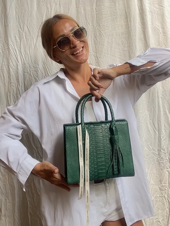 Top handle green classy MORA genuine python skin bag | exotic leather bags | Elegant everyday women purse | snakeskin bag| designer bag