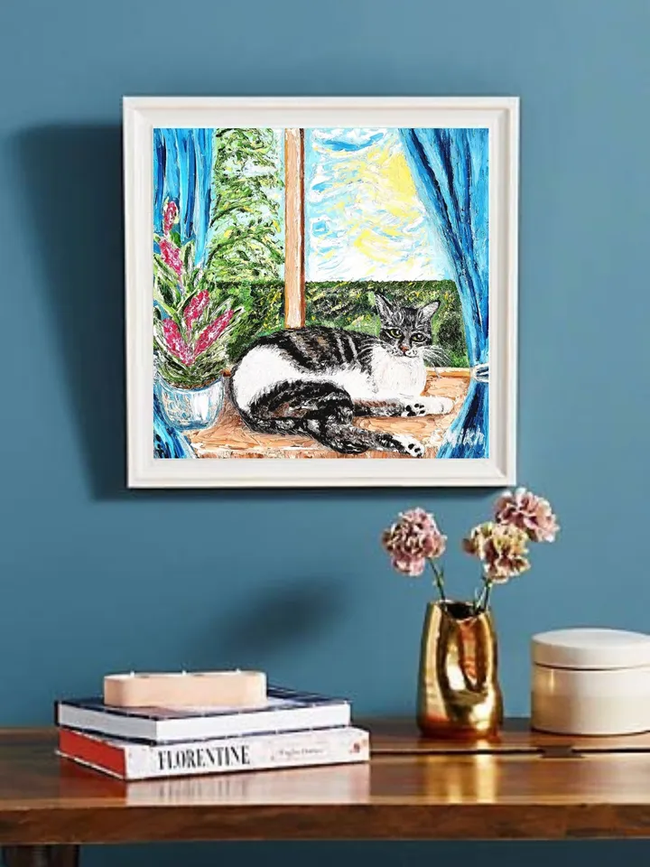 Textured oil painting "Cat", impasto 3d, 20x20 cm (7,87х7,87 inches)