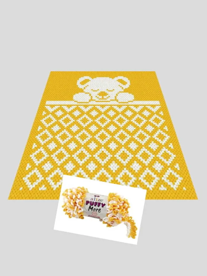 Loop yarn Finger knitted Sleeping bear blanket pattern PDF