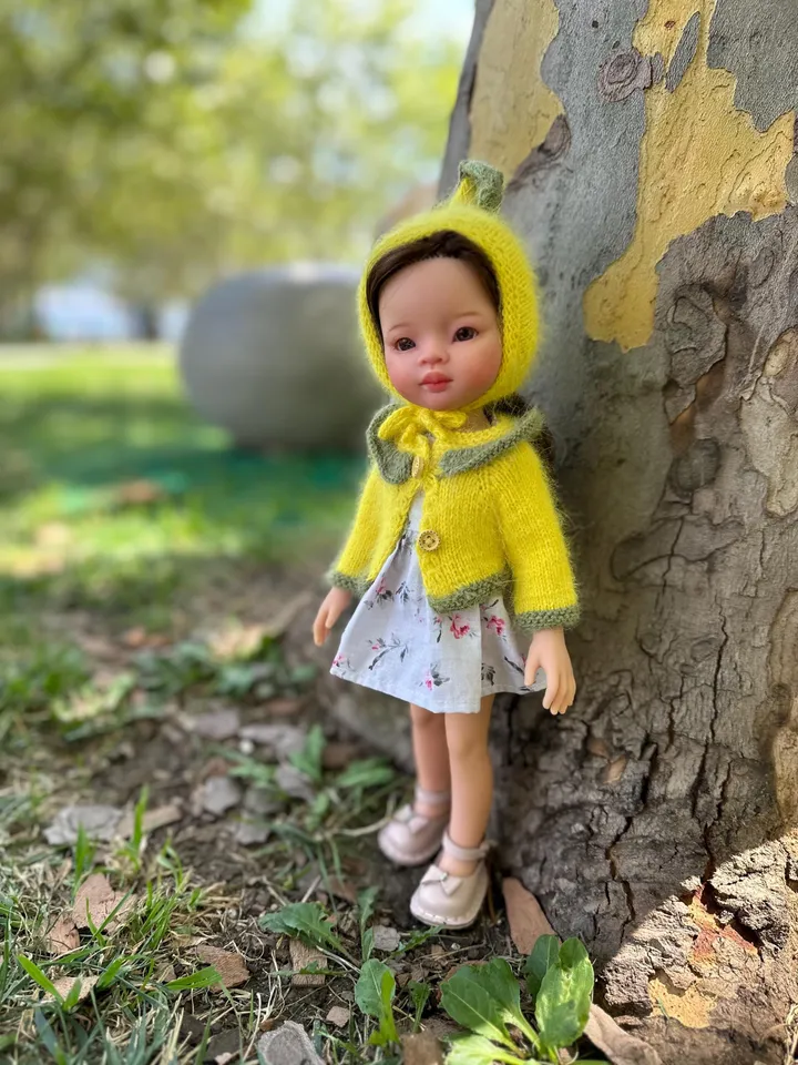 PDF Knitting Lemon SET Cardigan and Hat Pattern & Tutorial with Cute Lock Pattern – Cozy Outfit for 13-Inch Dolls Paola Reina eng