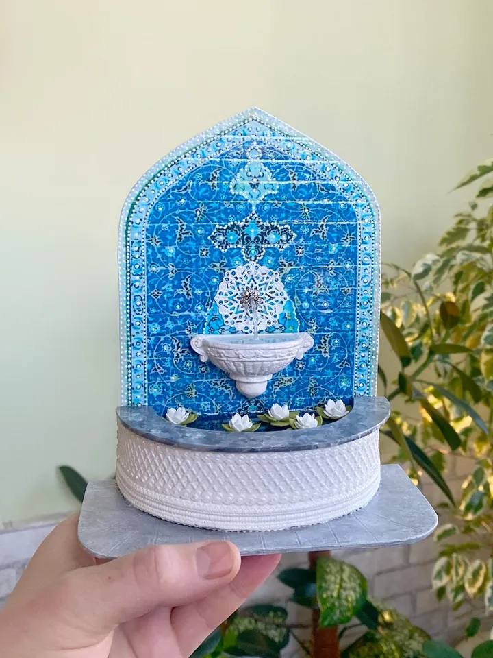 Wall fountain with lotuses. Dollhouse miniature. 1:12.