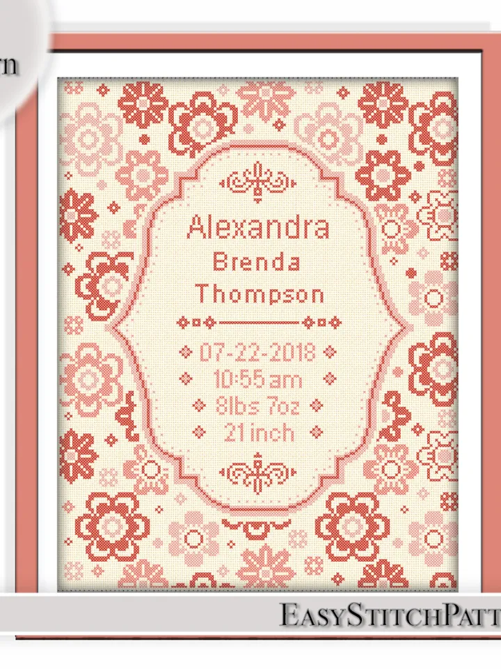 Baby Birthday cross stitch pattern. Floral border cross stitch pattern. Nursery cross stitch