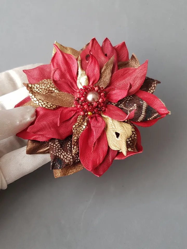 Red leather brooch for her, Leather womens jewelry