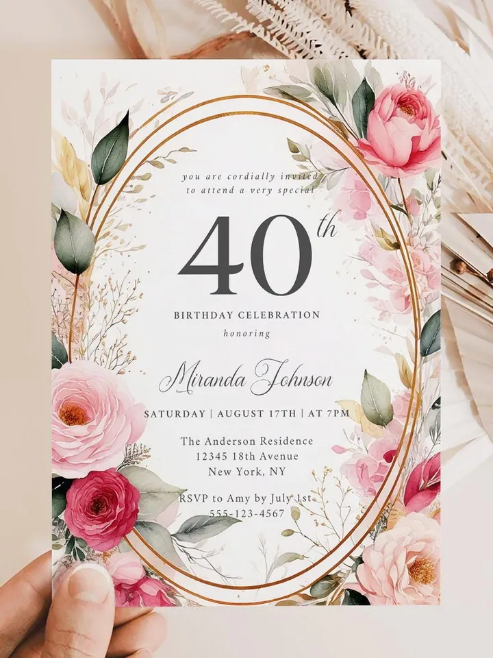 40th Birthday Invitation for Women – Blush Pink & Gold Floral, Elegant Printable Party Invite for Wife or Mother, Digital Canva Template