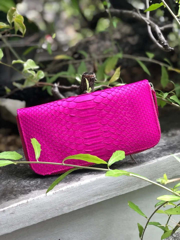 Wallet genuine python skin fuchsia bright color, women wallet, leather lady wallet, classic zip wallet, design wallet handmade, money wallet