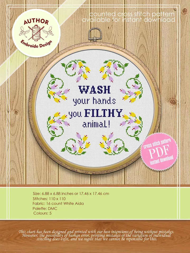 Snarky cross stitch pattern PDF download Wash your hands Funny cross stitch design Floral wreath xstitch chart Framed quote embroidery #Q27
