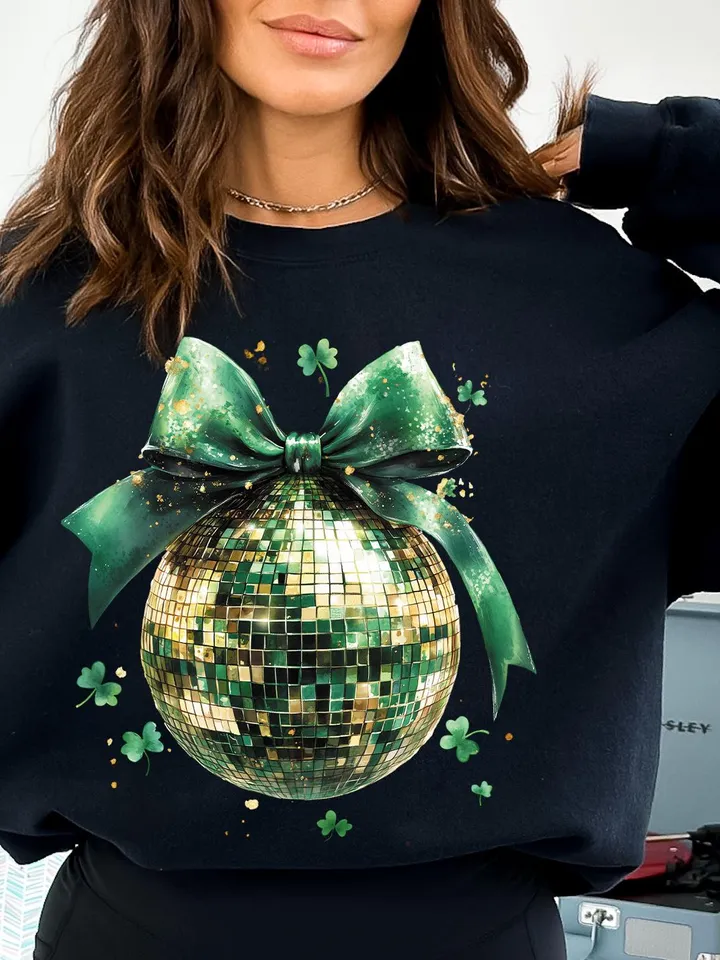 St Patricks Day Disco ball Coquette Bow Four Leaf Clover Lucky Shamrock Bow Lucky Charm Irish Day Shirt Design St Pattys Day Coquette Png