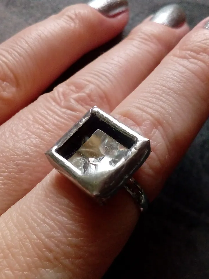 Mirror ring, squar ring, simple stained glass, tin soldered glass ring, old amalgam, scrying mirror ring, glass ring
