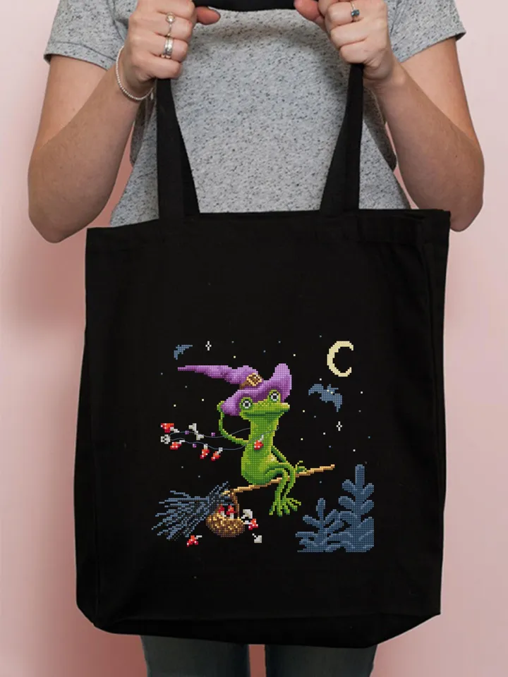 Halloween witch frog cross stitch pattern PDF download Halloween cross stitch chart Cute frog pattern digital PDF Funny frog embroidery #H73