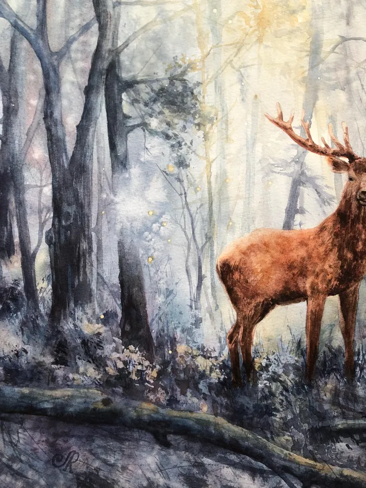 Forest Original Painting Sunset Watercolor Landscape Deer Wall Art