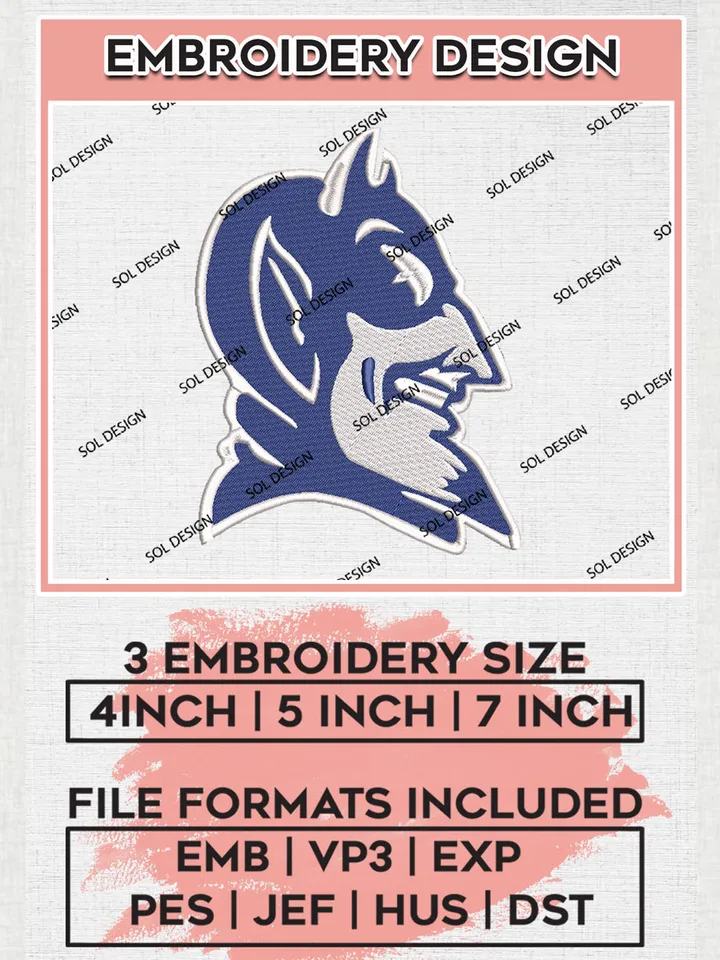 Duke Blue Devils Mascot Embroidery Designs, NCAA Logo Embroidery Files, NCAA Duke Blue Devils Logo, NCAA Embroidery Designs, Machine Embroidery Designs, Digital Download