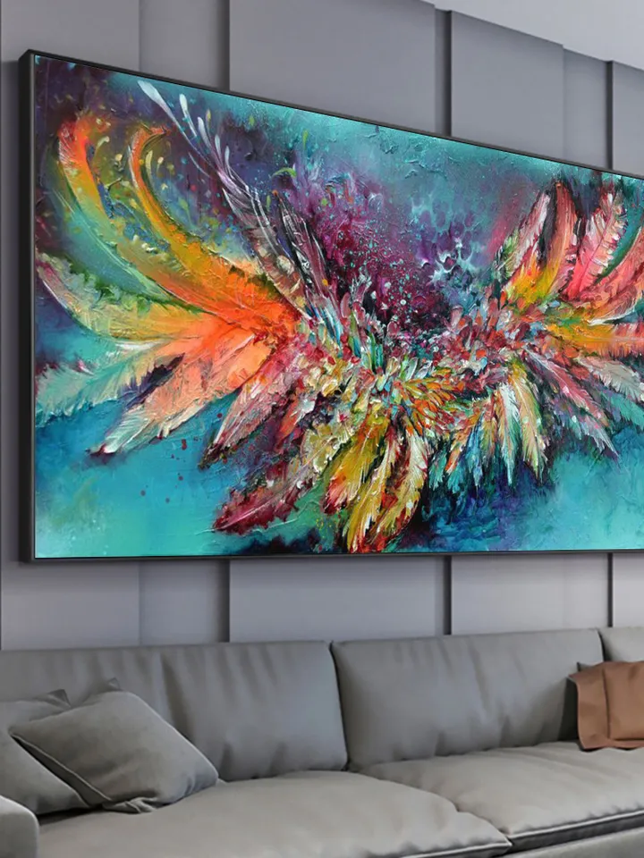 Original Painting On Cnavas, Abstract Colorful Feathers Painting, Boho Wall Decor, Large Wall Art, Modern Art, Office Living room Wall Decor