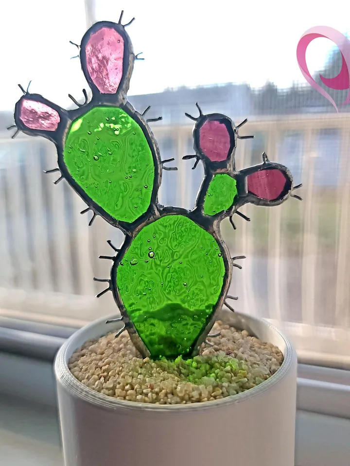 Real Stained Glass Prickly Pear Cactus Suncatcher in Cute Pot for Small Windowsill Paddle Cactus Gift for Plant Lovers No Kill Succulent