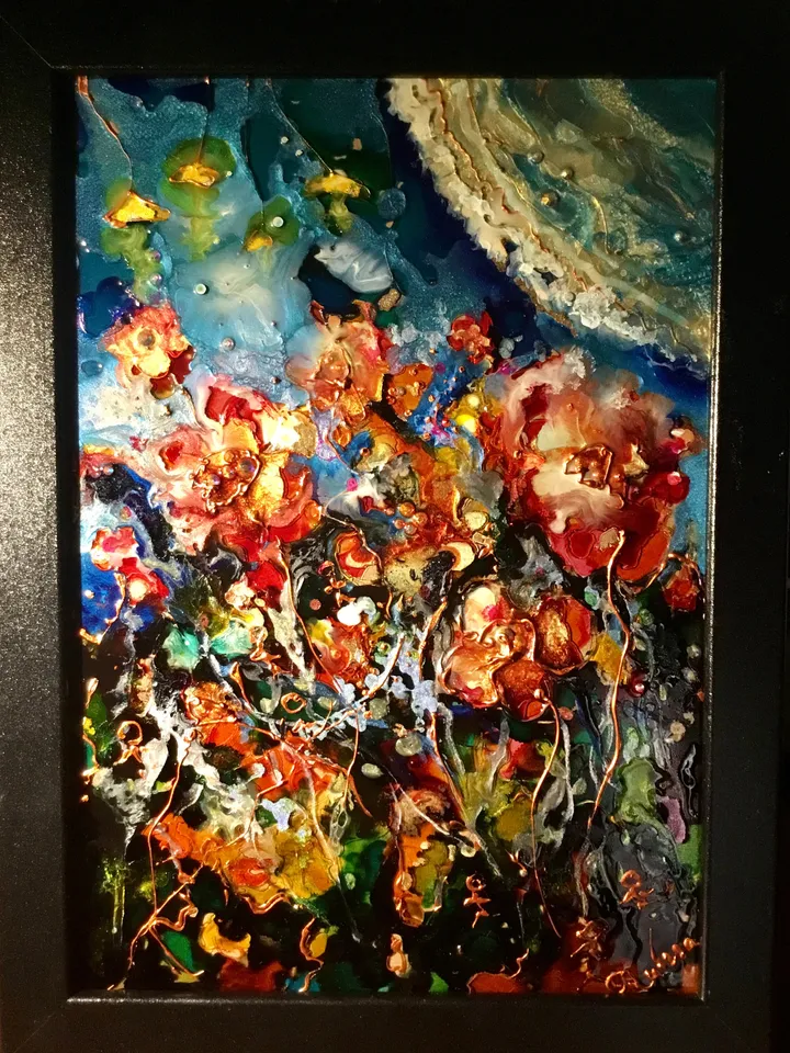 Abstract flowers stained glass panel,painting on glass,abstract painting,colourful flowers wall art,original handmade,unique gift.