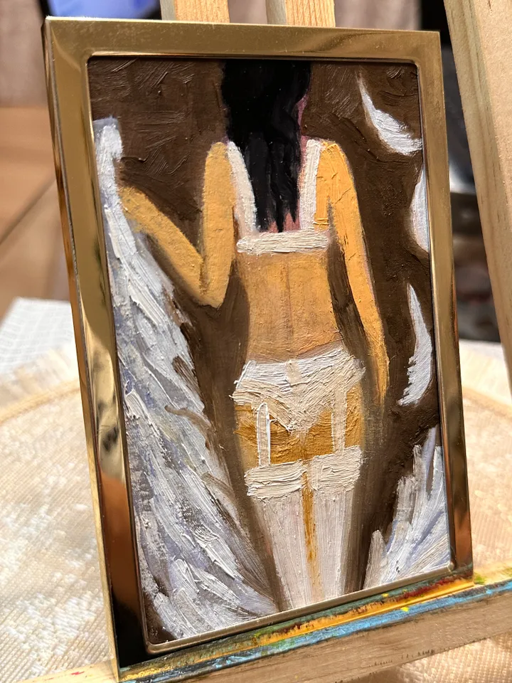 Oil Painting Fallen Angel Portrait of a Woman Figurative People Miniature Cardboard 6x4 inches 15 cm x10 cm In a Gold Frame Modern Art Impressionism Wall Decor
