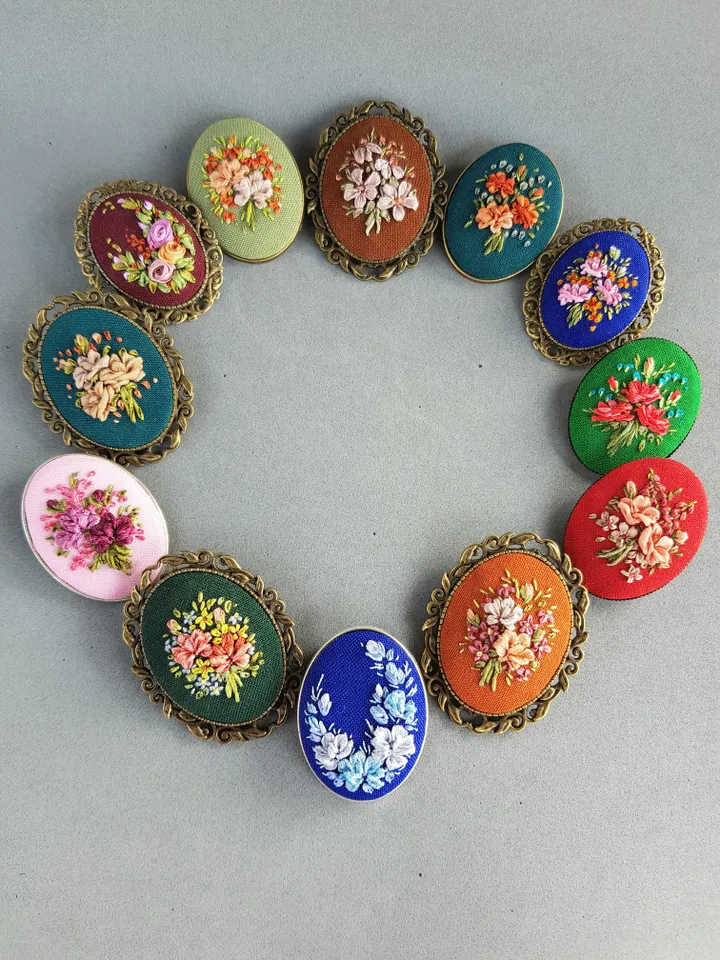 Ribbon embroidered brooch for her, handmade embroidery jewelry