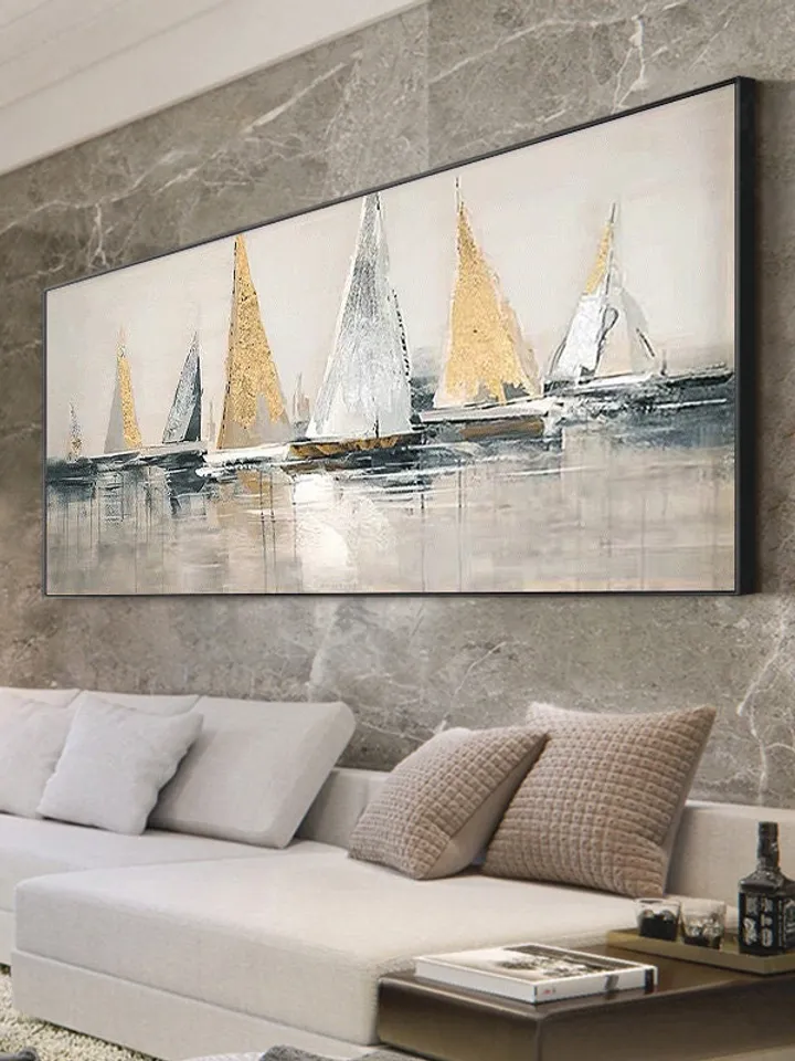 Abstract Sailboats Painting on Canvas,Original Painting,Golden Sailboats Art,Ocean Art,Bedroom Wall Art,Large Painting,Gift for Housewarming
