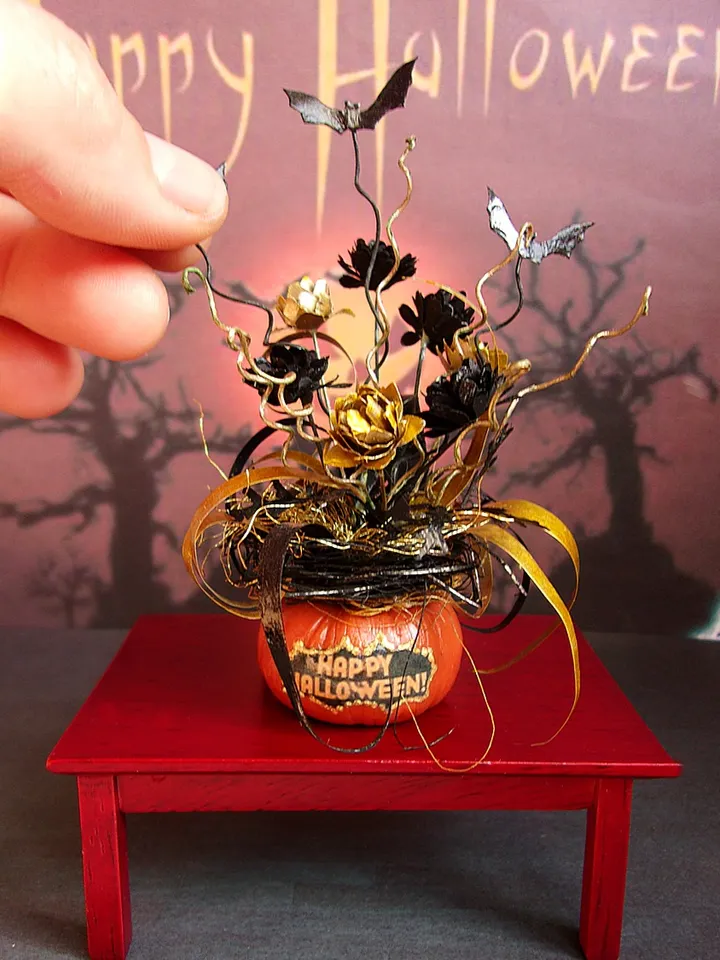 Halloween pumpkin. Festive pumpkin. Dollhouse miniature, Pumpkin with bats. Halloween. Handmade. 1:12.