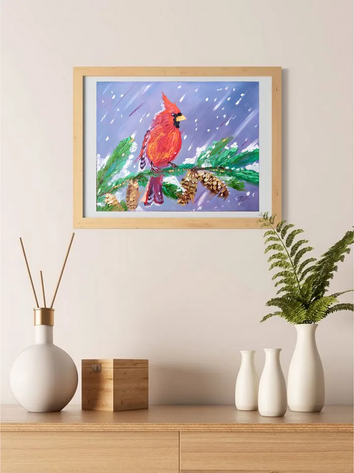 Cardinal painting Bird Original Art 9 by 12 Nothern Cardinal Artwork Virginia bird fine art oil painting by Plotnikova