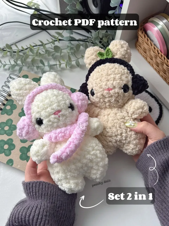 Crochet pattern set 2 in 1, wither bunny with headphones and scarf, bunny with headphones-leaves, plushie crochet bunny pattern, cute pattern