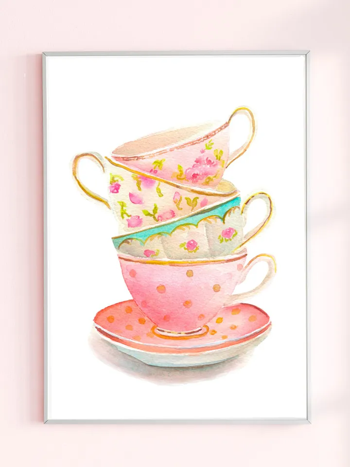 Tea Cups Watercolor Painting, Kitchen Wall Art, Tea Lover Gift, Tea Party, Vintage Kitchen Art, Art For Kitchen, Tea Time, Tea Decor