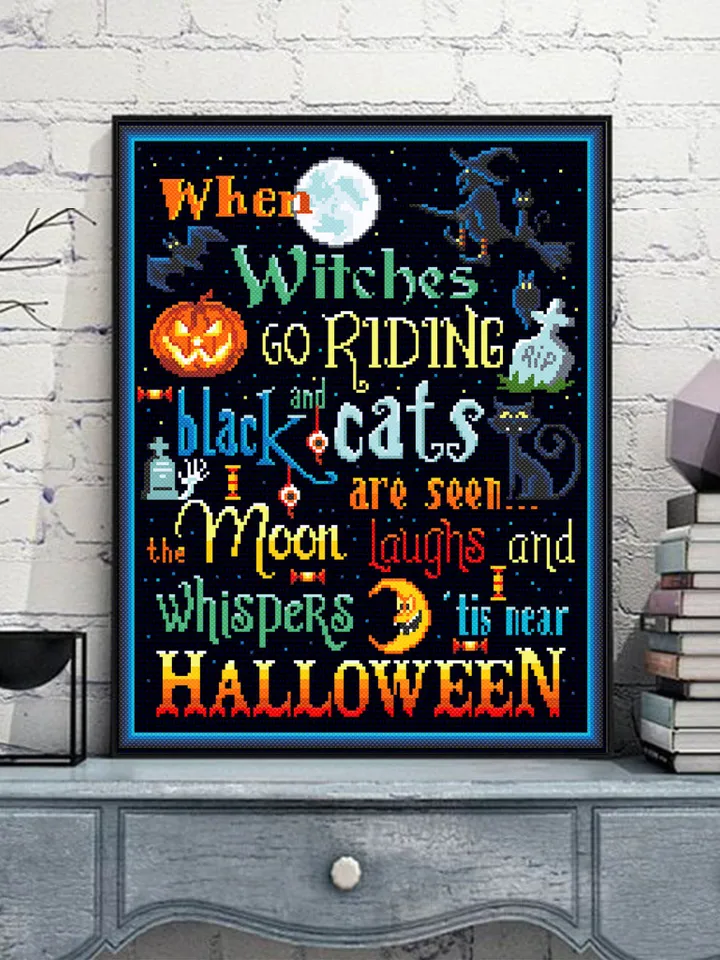 Halloween quotes cross stitch pattern download PDF Horror Halloween night cross stitch Magic xstitch chart Black witch cat embroidery #H18