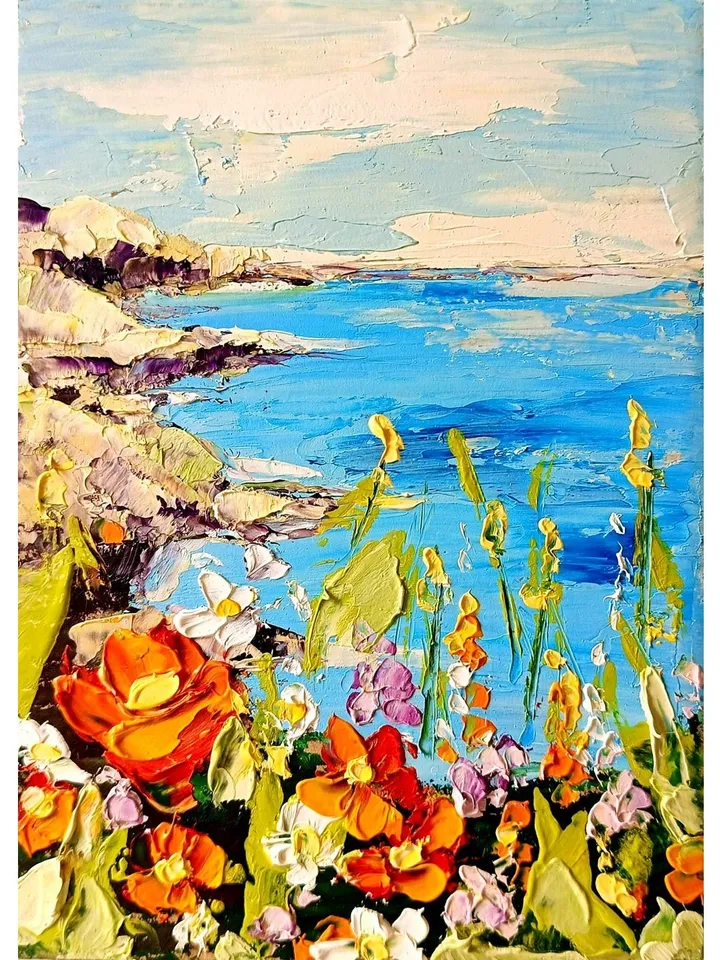 California Poppies Painting Seascape Original Art Meadow Fields Impasto Oil Artwork Landscape Wall Art Gifts by ArtProkopaloSv 7x5 in