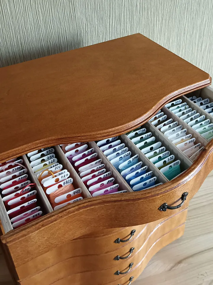 Floss storage cabinet for DMC floss bobbins and skeins, Stitching drawer box with curved faces in vintage style
