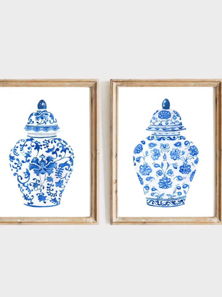 Chinoiserie Wall Art/ Set Of Two Prints/Chinoiserie Chic/ blue and white/ Chinoiserie Decor/ botanical/ Ginger jar/ blue floral/Wall Art Set