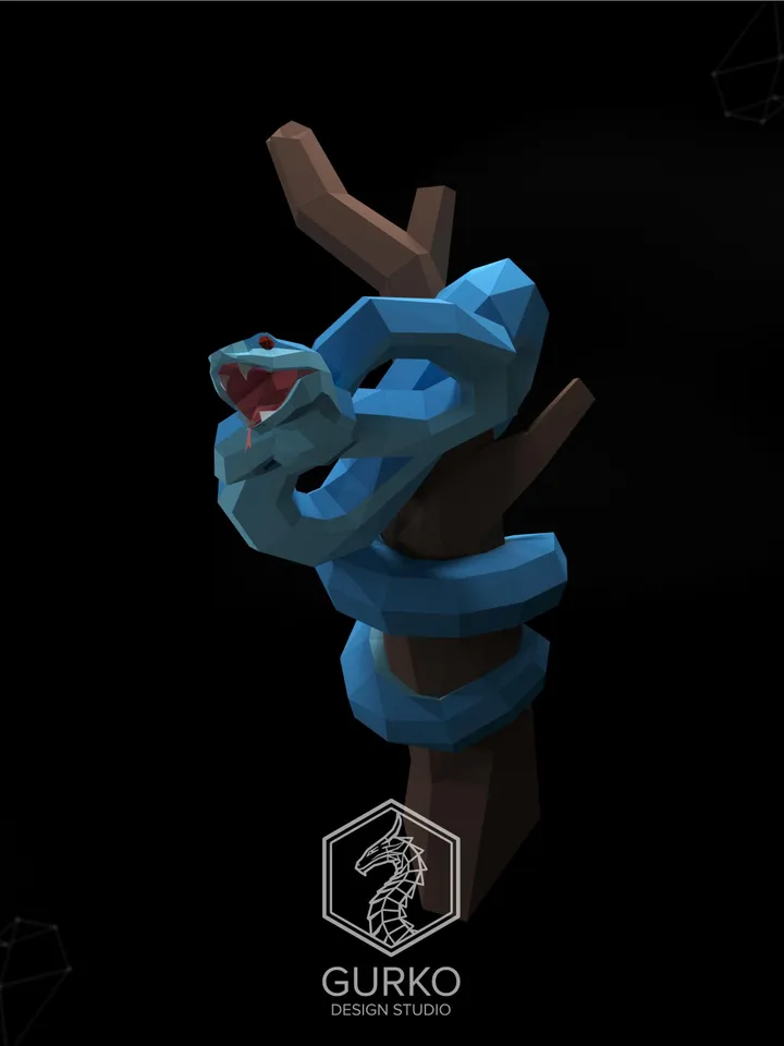 Keffiyeh Snake On A Branch Papercraft, Digital Template, PDF Download, Gurko, 3D Low Poly, Pepakura, DIY Origami Sculpture, Paper Decor