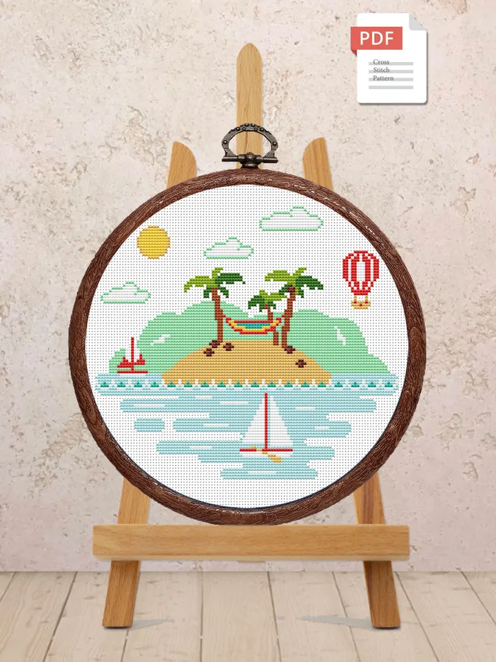 Tropical Island Cross Stitch Pattern, Island Cross Stitch, Embroidery Travel, Travel Cross Stitch Pattern, Modern Cross Stitch #trl011