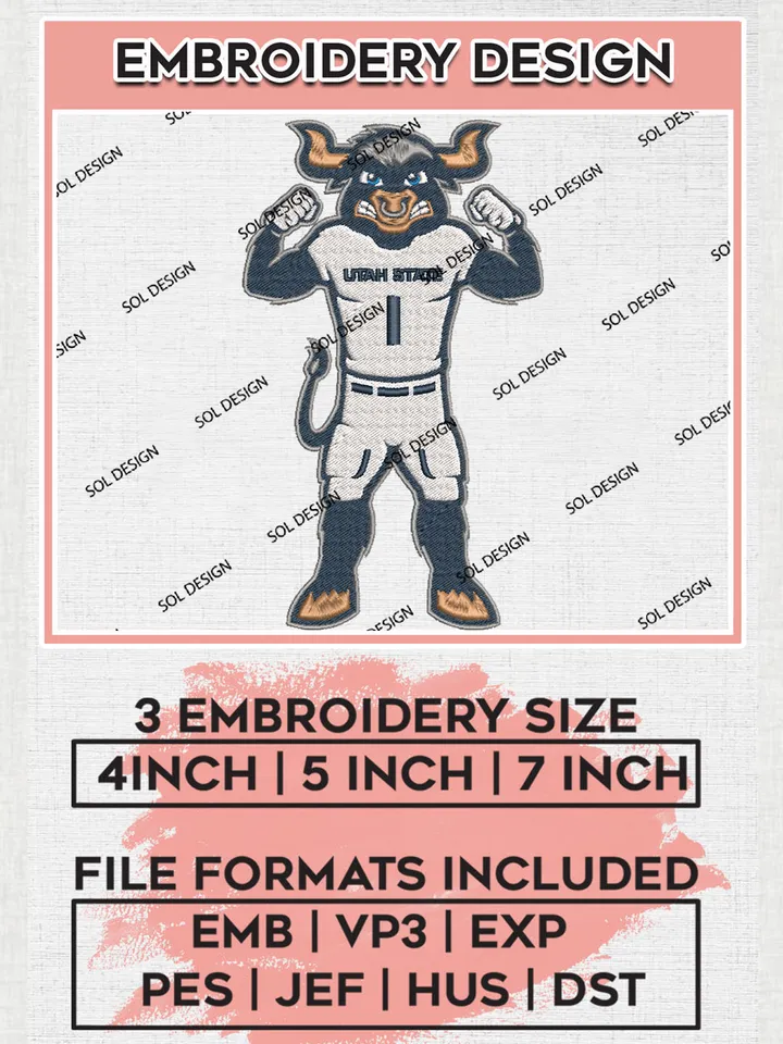 Utah State Aggies Team Athletic Mascot Logo Embroidery Design Files, NCAA Utah State Aggies Machine Embroidery, NCAA Teams, 3 sizes, NCAA Machine embroidery designs, Digital Download