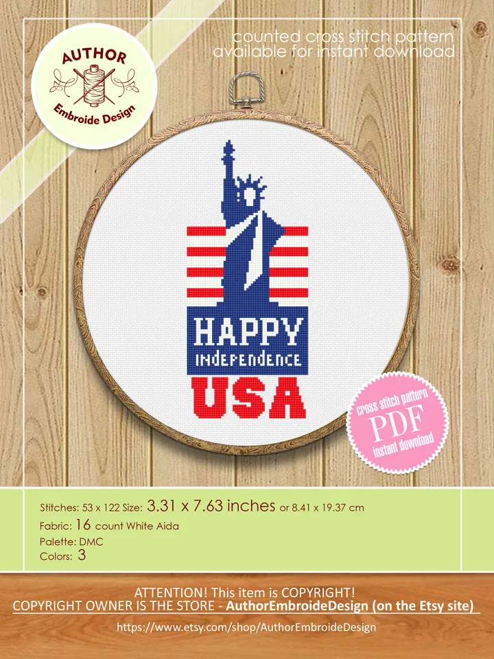 Statue of Liberty cross stitch pattern PDF download Patriotic cross stitch chart, Independence Day july 4 cross stitch, USA embroidery #T15
