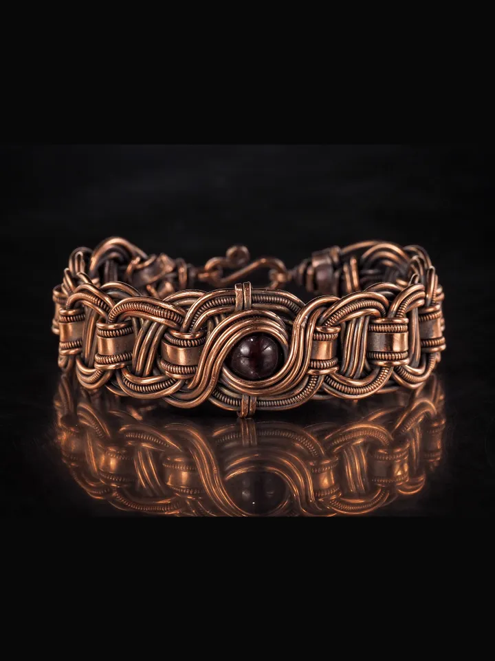 Copper wire wrapped garnet bracelet Unique bangle 7th Wedding Anniversary