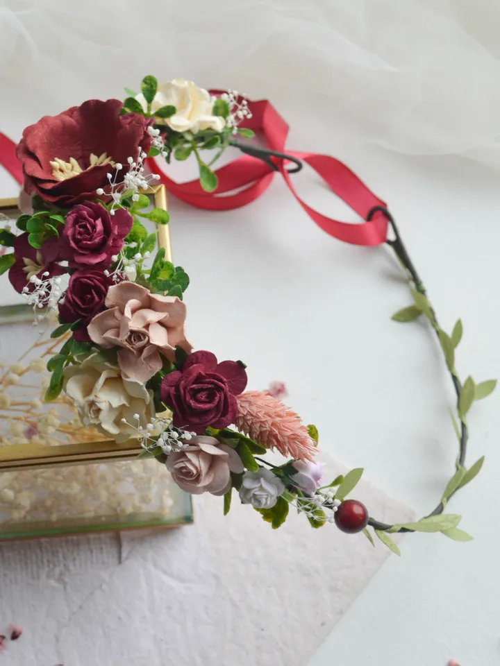 Burgundy Blush flower crown, Wedding flower crown, Burgundy floral crown, Bridal flower hair piece