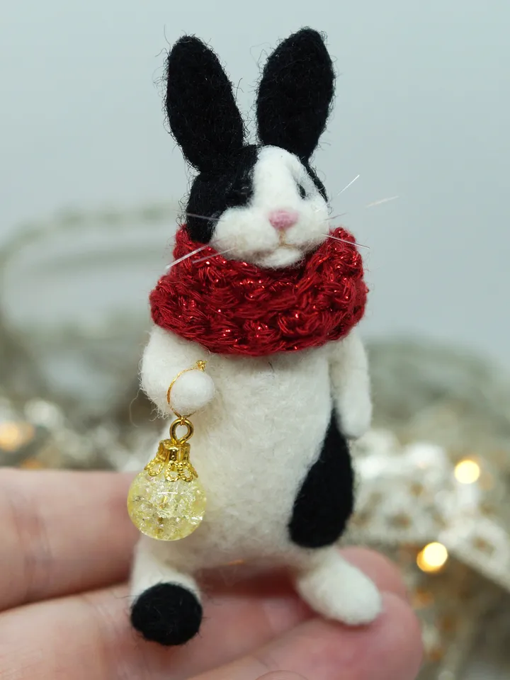 Oswald the rabbit, needle felted black and white rabbit, Christmas gift, made to order