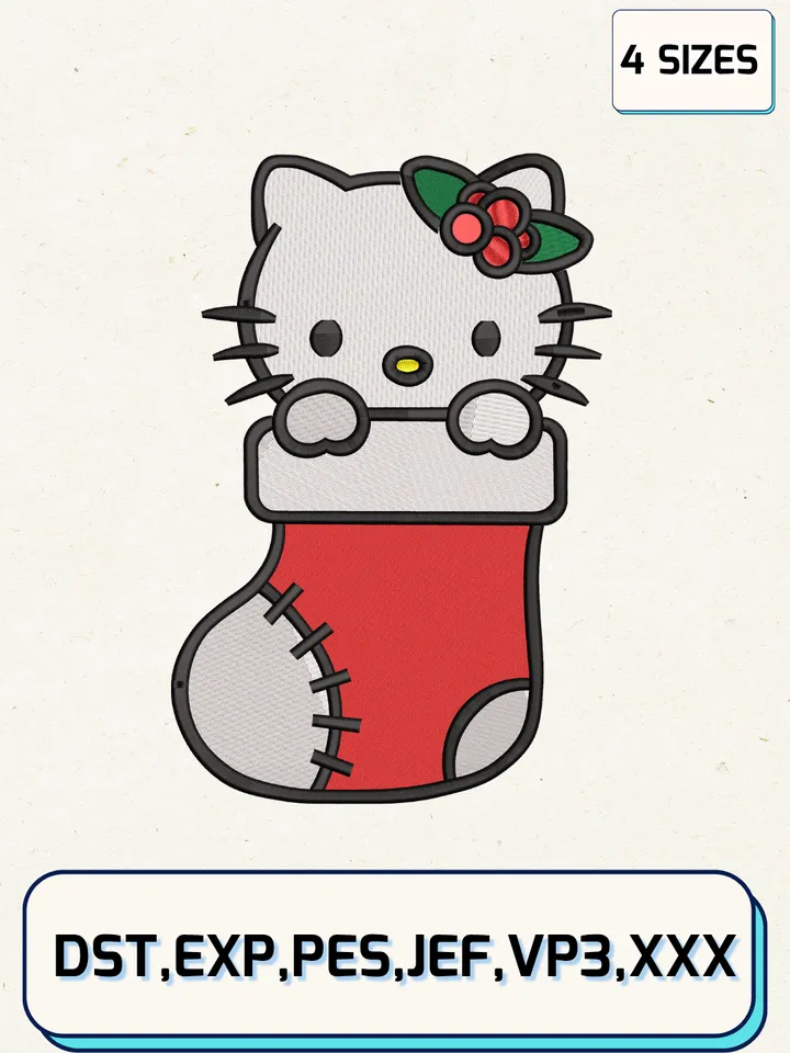 Hello Kitty Stocking Christmas Embroidery Design,Christmas Embroidery Designs,Machine Embroidery Files,Hello Kitty Embroidery Design,4 Sizes