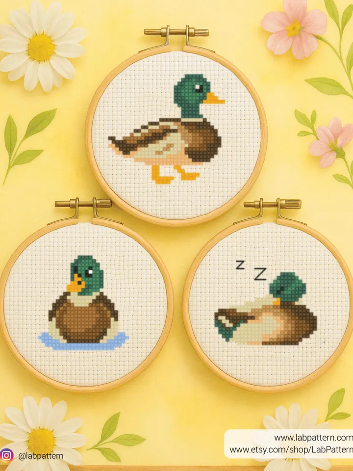 Bundle Mallard Duck cross stitch pattern, Set of 3 Mallard Duck pattern, Tiny, bird, beginner counted, modern chart, DIY, small, instant PDF