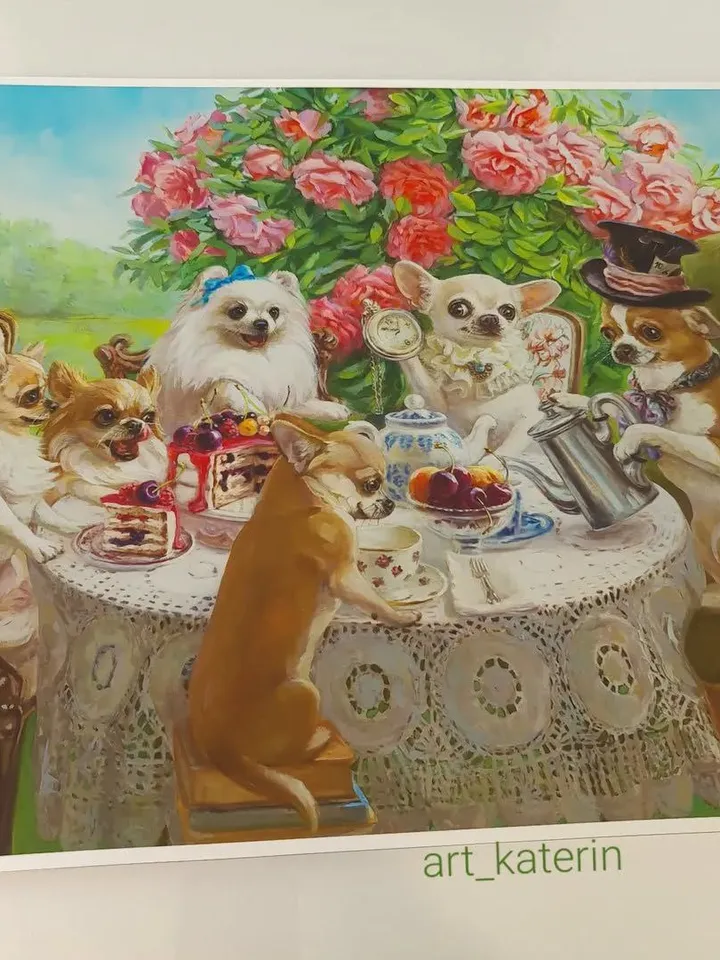 print of oil painting  dogs Tea party with Alice