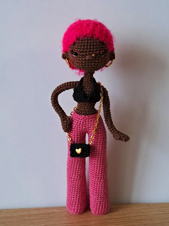 Pattern Black doll in pink. pattern Crochet african doll. afro american doll. crochet dark skin doll