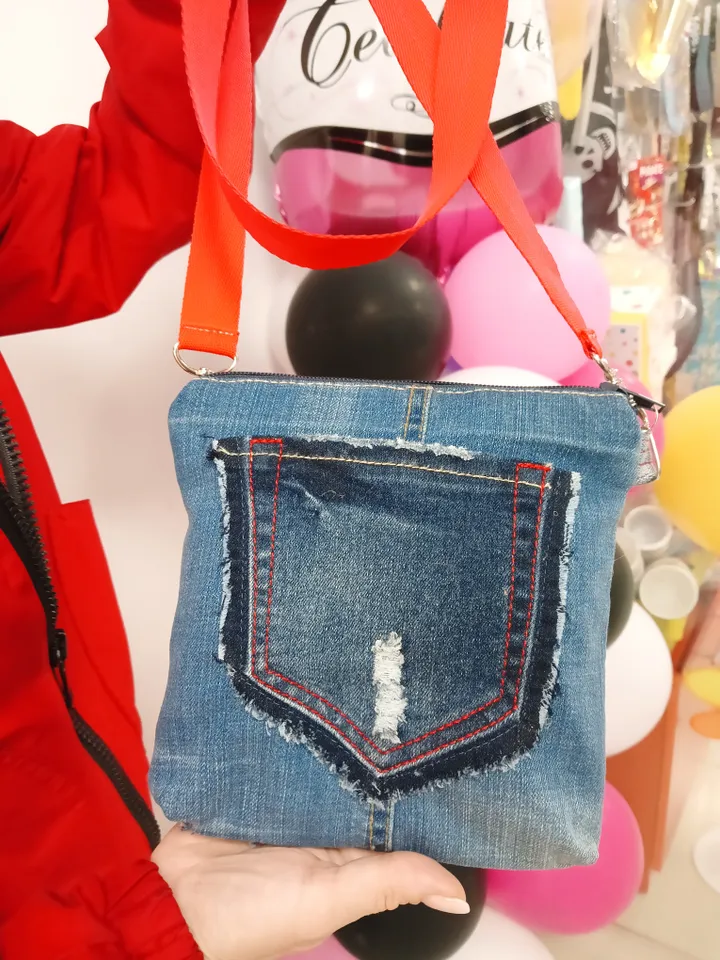 Cute small denim crossbody bag, jeans recycled purse