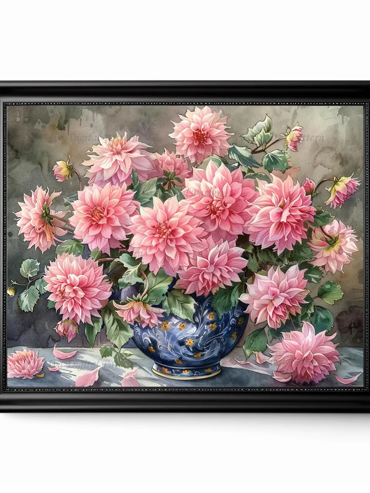 Bouquet of pink dahlias in a vase watercolor drawing, digital illustration, digital painting , wall art decoration. AI