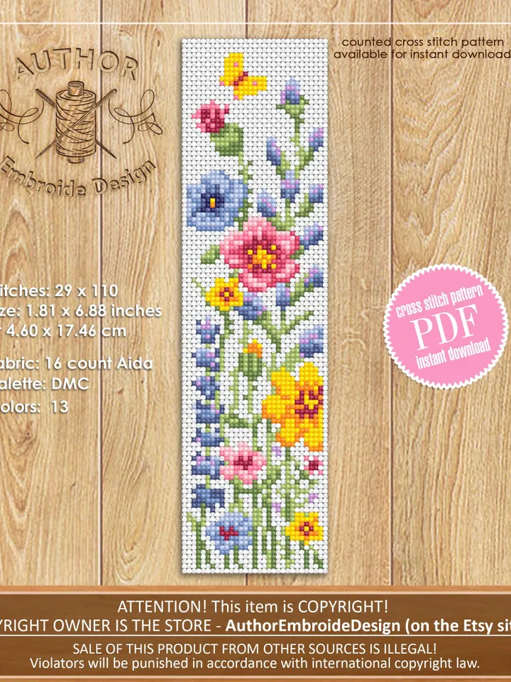 Flower bookmark cross stitch pattern PDF download Wildflowers cross stitch chart, Floral bookmark pattern digital, Watercolor flowers #B453