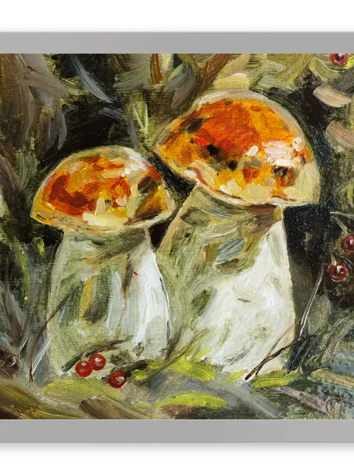 Mushrooms modern original oil painting wall art painting 6 x 6 inches