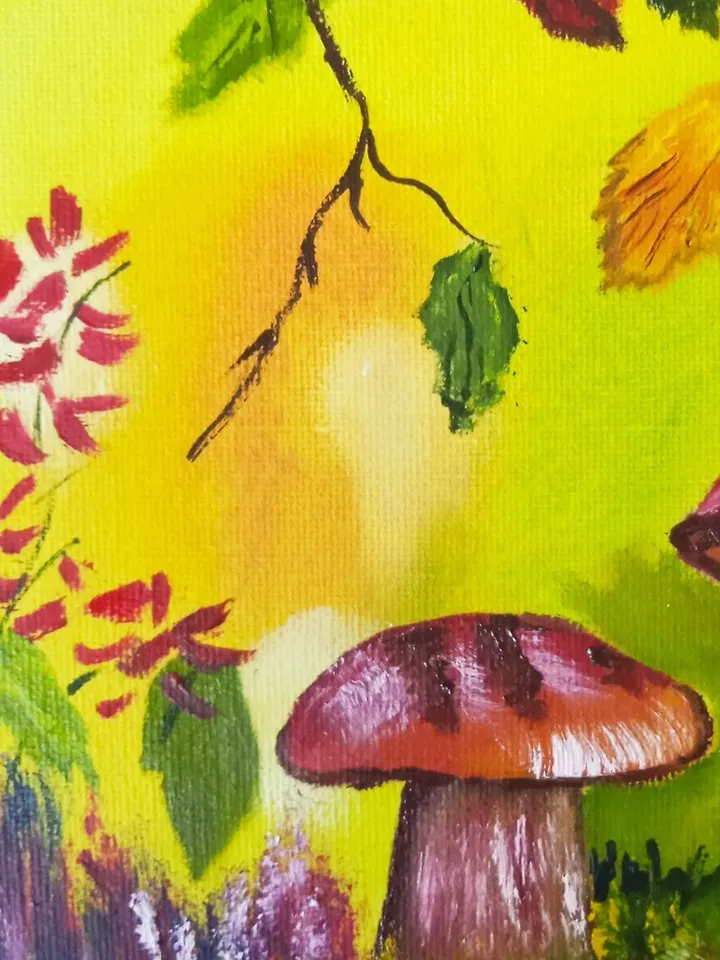 Autumn Landscape Mushroom Art Decor for Children Original Oil Painting Bright