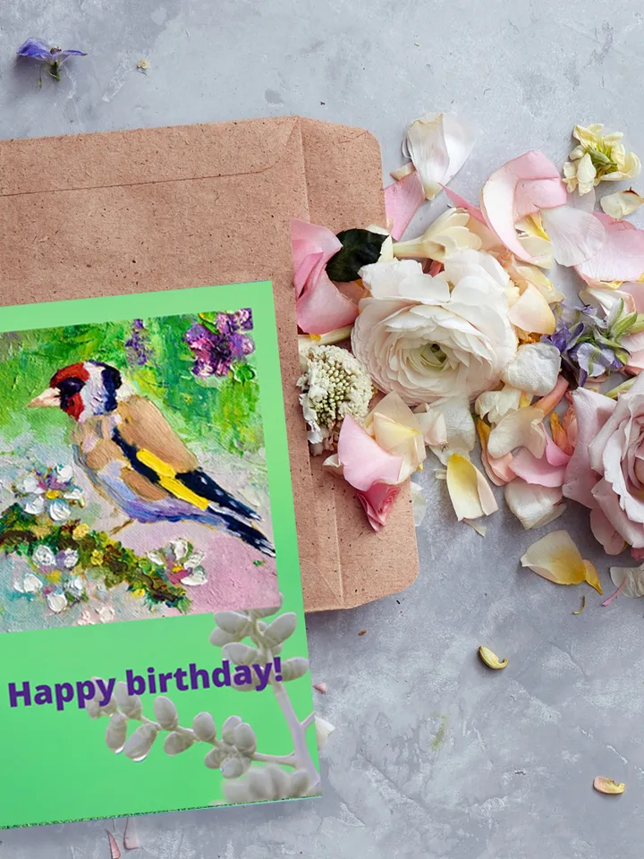 Happy Birthday Greeting Card, Goldfinch Postcard, Instant Digital Download, Bird E-Card