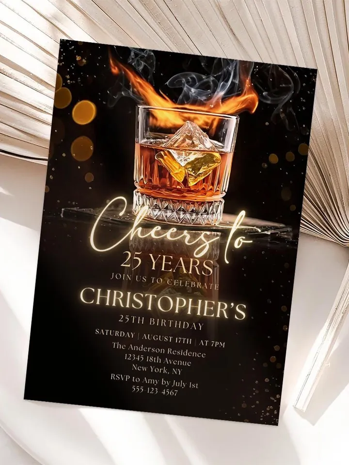 Whiskey Birthday Invitation, Cheers to 25 Years, Editable Canva Invite, Adult Men Party, Cognac Scotch Liquor