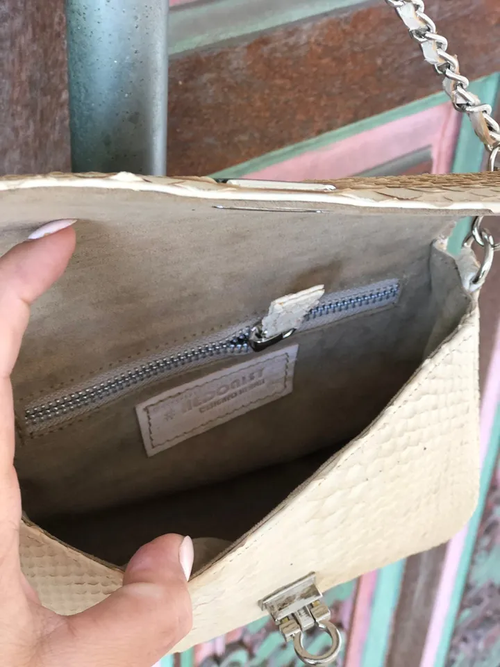 Genuine Python Skin Cream Color Crossbody Detachable Chain Handbag Mini Summer Elegant Classy Purse Clutch, Milk Color Python Leather Lady