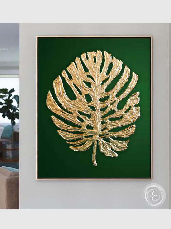 Gold Monstera Leaf Wall Art Green and Gold Abstract Painting Original artwork Modern wall decor
