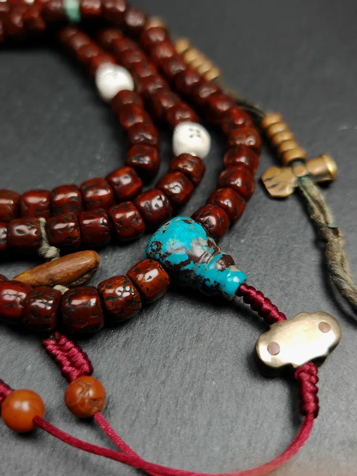 Gandhanra Authentic Tibetan Rosary,Old 8mm 108 Rudraksha Mala Necklace Prayer Beads with Unique Mix of Treasures,Spiritual Gift